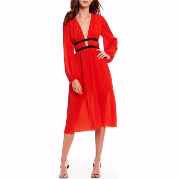 Wayf Dresses & Skirts - WAYF Fire Red Patton Plunge Neck Banded Midi Dress